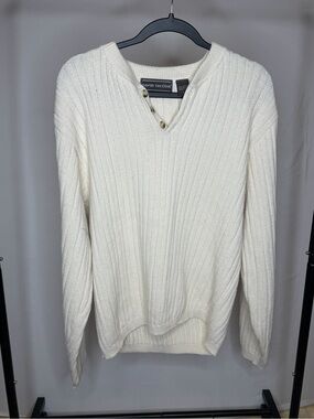 David Taylor Men's Ivory Ribbed V-Neck Sweater with Button Placket